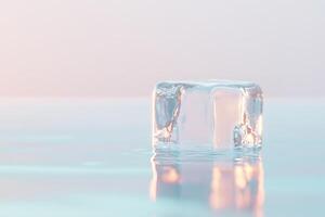 A glowing ice cube gently dissolves into a tranquil pool of soft blue water, creating a visual metaphor for stress dissolving in a peaceful environment with ample negative space photo