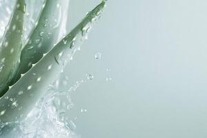 Aloe vera leaves are beautifully arranged and enhanced by a swirling water splash, all set against a soft gradient background with bright reflections, creating a fresh and vibrant feel photo