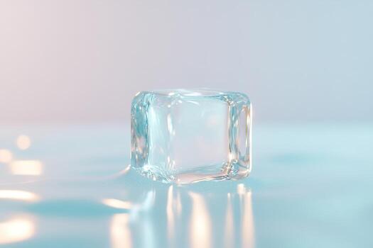 A glowing ice cube is slowly melting into a tranquil pool of soft blue water. The clean background enhances the calming effect, symbolizing the release of stress and serenity photo