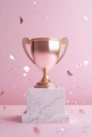 A prestigious golden trophy with subtle pink highlights sits elegantly on a marble podium. Glowing particles float around it, conveying a celebratory atmosphere against a pastel pink backdrop photo