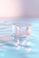 A glowing ice cube gradually melts into a tranquil pool of soft blue water, symbolizing stress dissolving in a peaceful and artistic setting with ample negative space photo