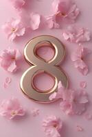 A stunning metallic gold number 8 is adorned with soft pink flower petals. Set against a pastel pink backdrop, it creates an elegant and vibrant display perfect for celebrations photo