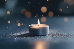 A candle with a gentle flame stands alone against a dark background, surrounded by soft, glowing particles that enhance the tranquil atmosphere. This composition invites calm and reflection photo