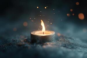 A single glowing candle with a gentle flame creates a serene atmosphere, surrounded by soft, luminous particles. This setting provides ample space for branding or text overlay photo