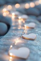 A smooth pathway shines brightly, illuminated by golden lights and heart shapes, creating a warm and inviting atmosphere. The neutral gradient backdrop adds a modern touch photo