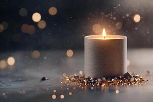 A single glowing candle with a gentle flame illuminates a dark background, creating a peaceful ambiance with soft glowing particles. Perfect for branding or text overlay photo