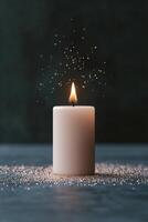 A gentle flame flickers atop a single white candle, surrounded by soft glowing particles that create a tranquil atmosphere in a dark setting. Perfect for branding and text overlay photo
