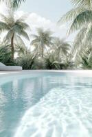 Sunlight sparkles on the tranquil waters of a luxurious resort pool, framed by lush palm trees and banana leaves. The inviting atmosphere offers a perfect escape photo