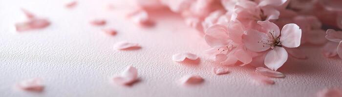 Cherry blossom petals are gently scattered across a smooth white surface, creating a delicate and elegant space. The soft arrangement leaves an open area for product display or text photo