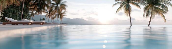 Bright sunlight reflects on a serene resort pool, enveloped by lush palm trees and vibrant banana leaves, creating an inviting tropical atmosphere perfect for relaxation photo