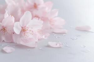 A delicate display of cherry blossom petals scattered gracefully on a smooth white surface, leaving a serene open area in the center for text or product placement photo