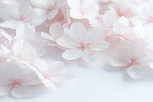 Delicate cherry blossom petals softly scattered on a smooth white surface create an elegant and serene backdrop, ideal for product display or inspirational text photo