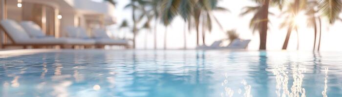 Luxurious resort pool invites relaxation, surrounded by lush palm trees and banana leaves. Sunlight glimmers on the water surface, creating a serene escape in a tropical setting photo