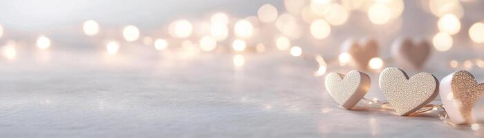 Softly illuminated pathway with golden lights and heart-shaped symbols creates a calming atmosphere on a gentle gradient background, perfect for conveying emotions of love and warmth photo