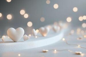 A smooth glowing pathway is illuminated with golden lights and heart-shaped symbols, creating a romantic atmosphere against a soft gradient background. Perfect for modern themes photo