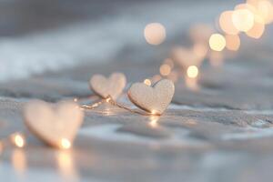 A smooth path lit by golden lights and heart shapes on a neutral gradient, perfect for romantic or festive events, offers plenty of space for text photo