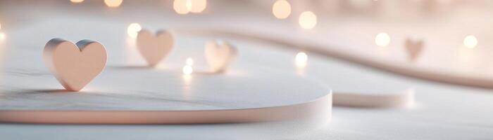 A smooth pathway glows warmly, lined with golden lights and heart-shaped symbols. The neutral gradient background enhances the soft ambiance, perfect for romantic themes or celebrations photo