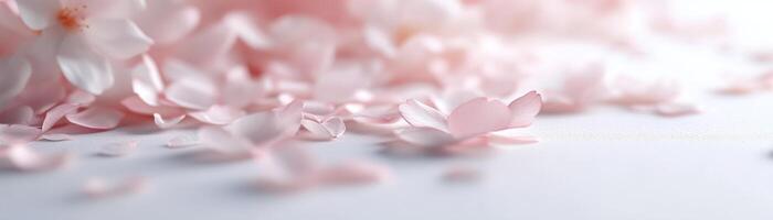 Delicate cherry blossom petals are artfully arranged on a smooth white surface, providing an exquisite and serene backdrop for product presentations or text photo