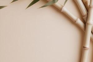 Stylized bamboo stalks create an arching frame, offering a central blank area for branding or product display, set against a calming beige background illuminated by natural light photo