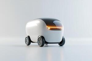 A futuristic delivery robot moves effortlessly through an urban setting, showcasing its sleek metallic design and glowing sensors. The clean backdrop highlights its modern features and potential uses photo