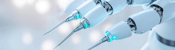 This advanced surgical robotic arm holds precision instruments, enhanced by glowing green and blue lights. Set against a clean white backdrop, it reflects a sterile and innovative medical environment photo