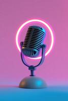 Stylish microphone features glowing blue and purple neon rings, positioned on a dark gradient background. The design offers ample negative space suitable for branding or text overlay photo