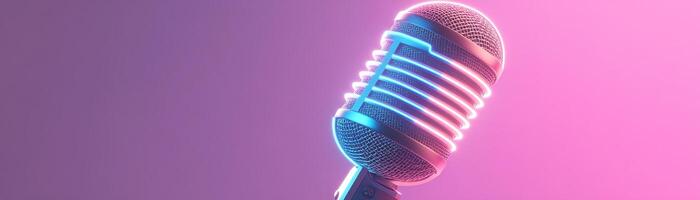 A modern 3D microphone features glowing neon rings in blue and purple tones, creating a striking visual on a dark gradient backdrop. The ample negative space allows for branding or text overlay photo