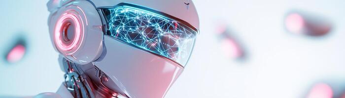 A humanoid robot showcases glowing neural network designs on its head, encircled by neon blue and pink holographic data streams against a sleek white gradient background photo