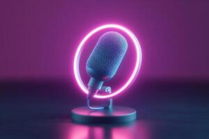 A sleek 3D microphone features vibrant blue and purple glowing rings, set against a dark gradient background. This design provides ample space for branding or text overlay in a modern context photo