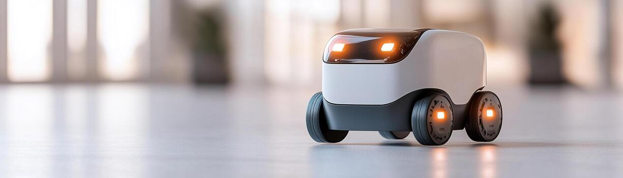 Autonomous delivery robot moves smoothly through a contemporary city space. Its modern design features metallic panels and glowing sensors, showcasing functional technology photo