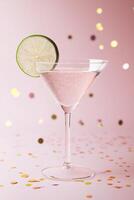 A vibrant martini glass filled with glowing liquid sits elegantly on a neutral backdrop. A lime slice floats atop, while colorful confetti dances around, creating a festive atmosphere photo