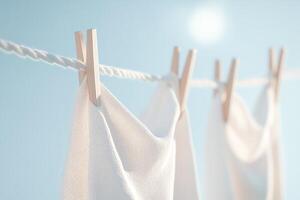Freshly washed linen flutters in a light breeze as it hangs on a clothesline against a soft pastel backdrop. The glowing accents enhance the peaceful and refreshing ambiance photo