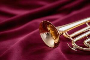 A stunning display of polished gold brass instruments, including trumpet and trombone, rests gracefully on deep red velvet. Soft light accents enhance the opulent atmosphere photo