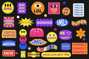 Naive playful stickers set in flat graphic design. Collection elements of groovy 90s simple patches with smile, omg, lol, good, vibes, wow, super, awesome, perfect, other text. illustration. vector
