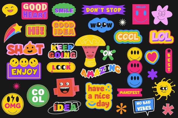 Hand drawn fun stickers set in flat graphic design. Collection elements of cute doodle templates with groovy characters and messages of wow, lol, cool, best, amazing, other. illustration.