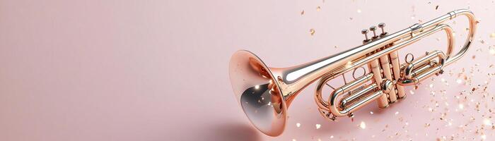 Brass instruments, a trumpet and trombone, are presented with glowing neon accents in gold and orange tones against a neutral gradient background, allowing for ample negative space for text photo
