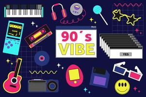 Retro hippie stickers set in flat graphic design. Collection elements of keyboard, headphone, music player, lollipop, eyeglass, cassette, vinyl disk, other nostalgia 90s signs. illustration. vector