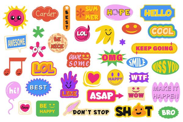 Colourful comic vintage label set in flat graphic design. Collection elements of funky 90s, 80s stickers with hello, cool, hope, smile, best, like, awesome and other messages. illustration.