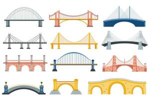 Bridges set in flat graphic design. Collection elements of metal and concrete engineering structures of footbridge and river, water, railway and other architectural constructions. illustration. vector