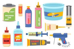 Glue containers set in flat graphic design. Collection elements of liquid sticky fix material for wallpaper and paper in bottles, sticks, tubes, cans, jars and other packaging. illustration. vector