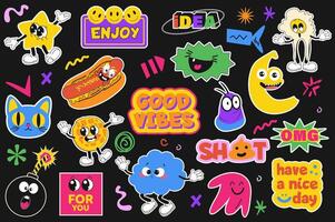 Comic characters stickers set in flat graphic design. Collection elements of groovy positivity mascots and text, good vibes vintage labels with happy emotions in retro style. illustration. vector