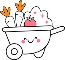 Farm Animals Cute cartoon wheelbarrow filled with vegetables and a smiling face. vector