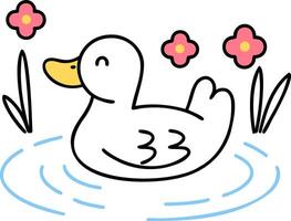 Farm Animals Cute cartoon duck swimming among flowers in a pond. vector