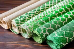 Unique patterned fabric swatches in earthy tones and vibrant green neatly placed on a wooden surface for design inspiration photo