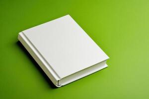 Minimalist book mockup with a blank white cover on a vibrant green background designed for creative presentations and design projects photo