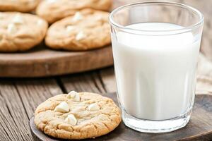 Freshly baked cookies and a glass of milk on a wooden board create a cozy and welcoming atmosphere for delightful moments at home photo
