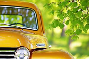 Classic golden brown pickup truck parked under a lush green tree in a serene rural setting photo