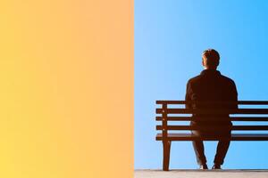 Young man contemplates life while sitting on a bench in contrasting light and shadow photo