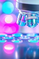 Intricate details of a microscope showcasing teal metallic components above vibrant fuchsia DNA samples on a sleek black lab table under glowing lights photo
