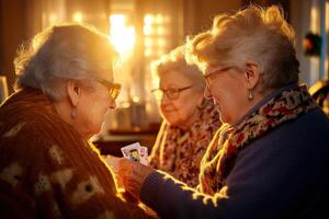 Elderly residents enjoying a warm and inviting card game in a brightly lit nursing home during afternoon hours photo